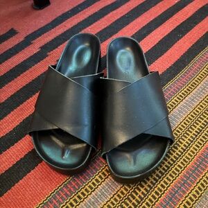 St. Agni Black Cross-Strap Slide Sandals